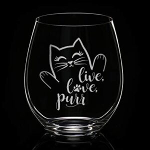 Cat Lovers Engraved Live Love Purr Stemless Wine Glass Kitchen Decor Cat Lady Accessories Birthday Mothers Day Fathers Gifts for Women Men