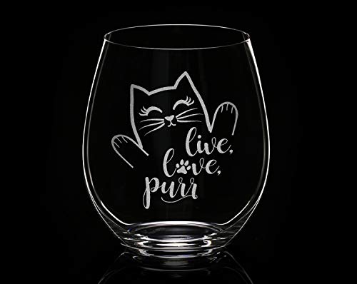 Cat Lovers Engraved Live Love Purr Stemless Wine Glass Kitchen Decor Cat Lady Accessories Birthday Mothers Day Fathers Gifts for Women Men