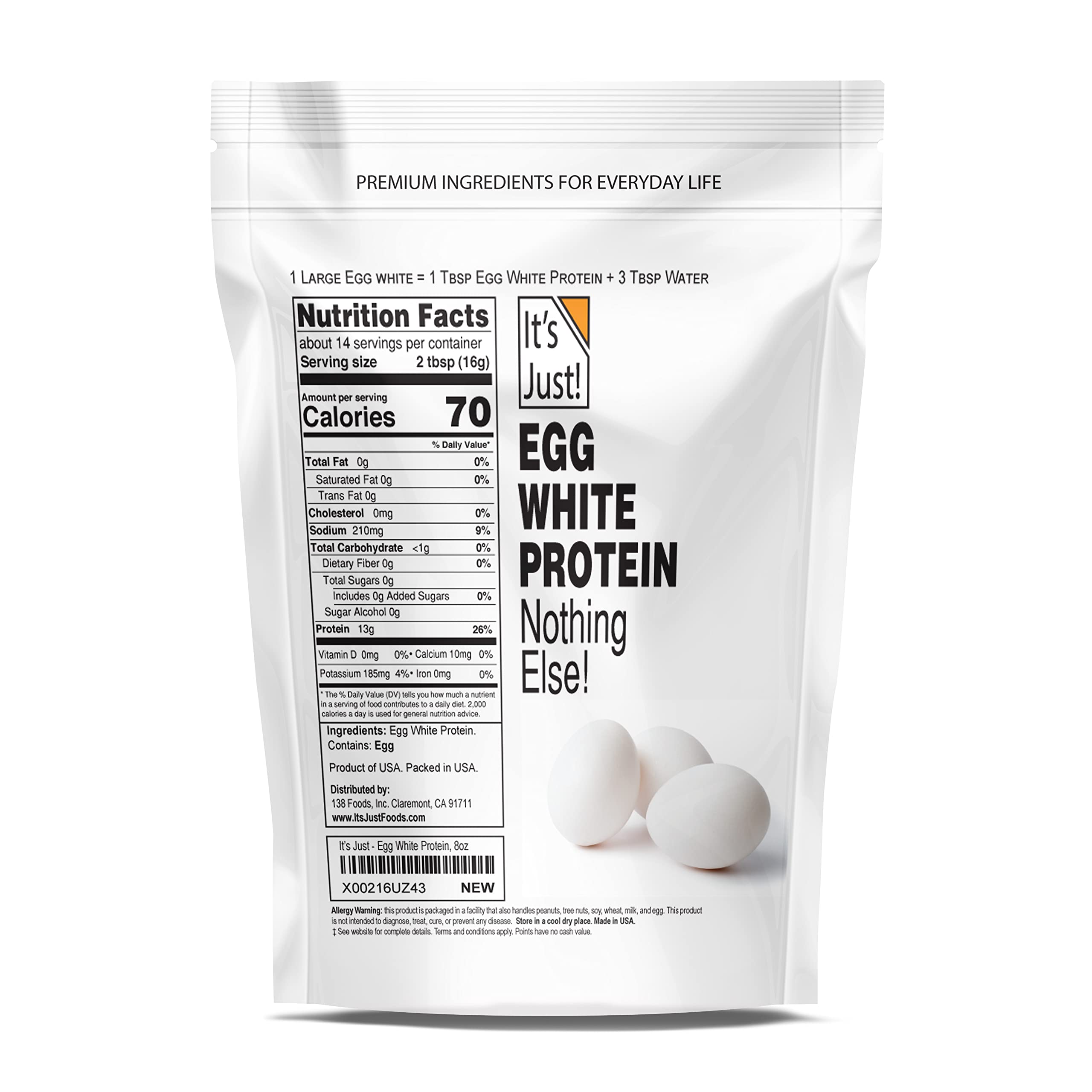 It's Just! - Egg White Protein Powder, Made in USA from Cage-Free Eggs, Dried Egg Whites (Unflavored, 8oz)