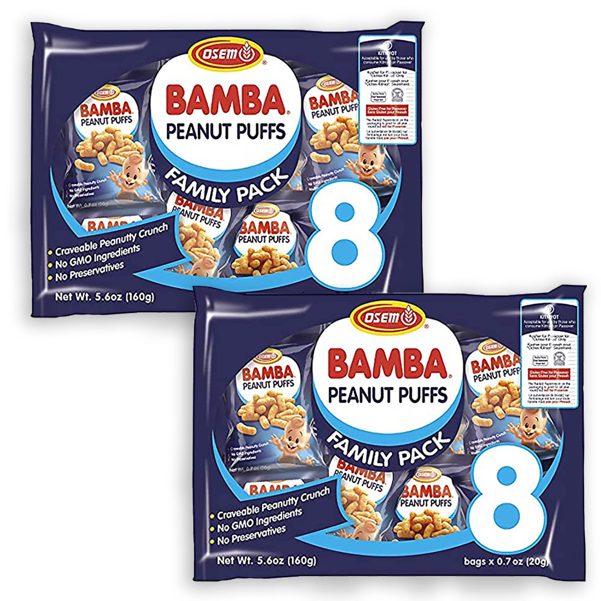 Osem Bamba Peanut Snacks for the Whole Family - All Natural Peanut Puffs 2 Family Packs (Pack of 16 x 0.7oz Bags) - Peanut Butter Puffs made with 50% peanuts