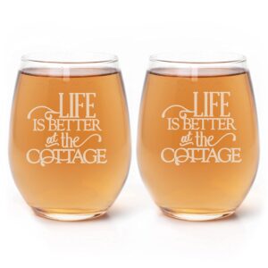 life is better at the cottage etched wine glass set, lake cottage decor hostess gifts for couple