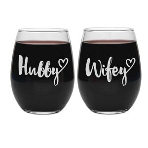hubby and wifey wine glasses - mr and mrs wedding gifts - engagement anniversary gift couple 20oz