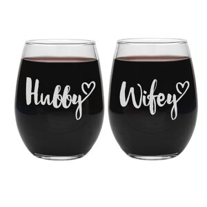 Hubby and Wifey Wine Glasses - Mr and Mrs Wedding Gifts - Engagement Anniversary Gift Couple 20oz