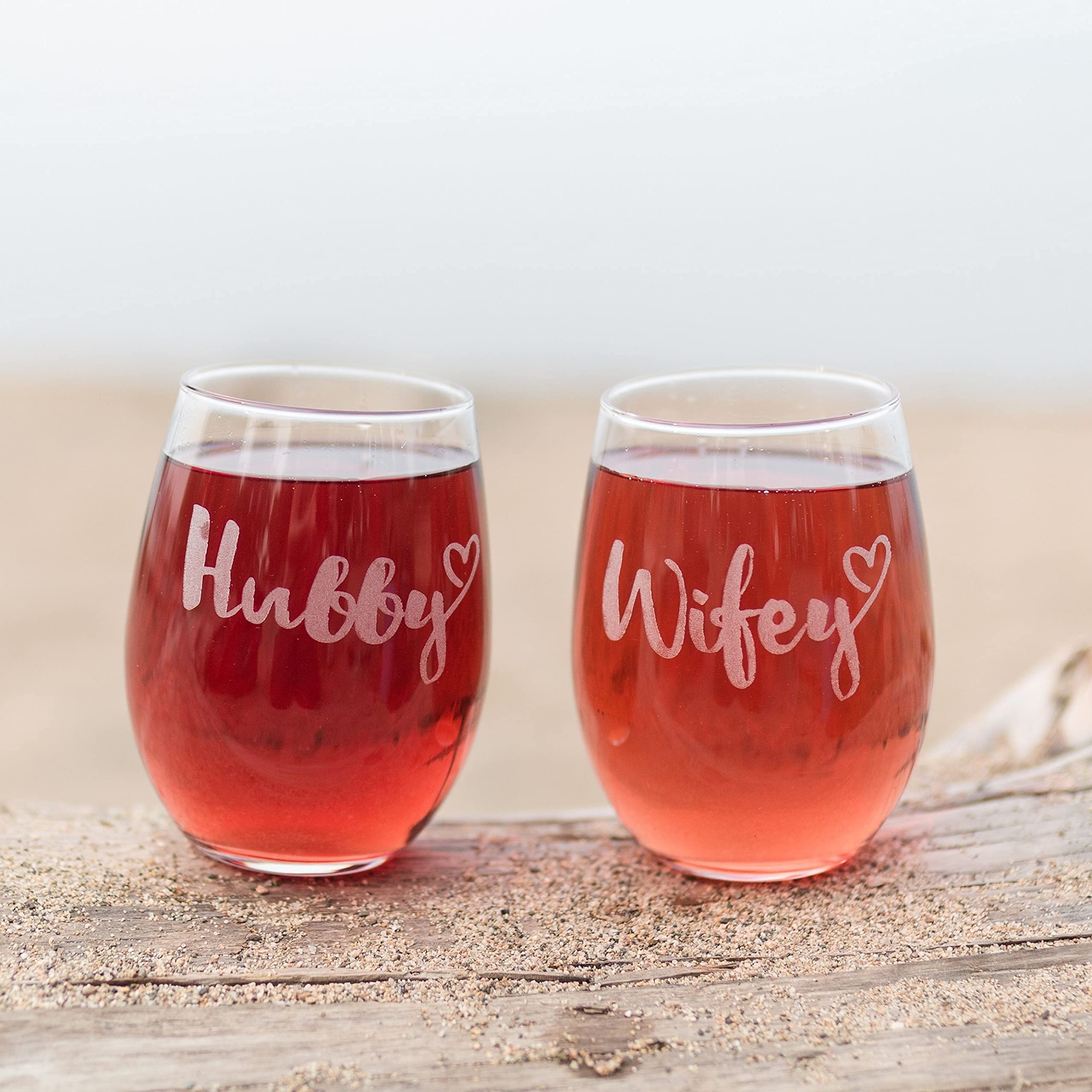 Hubby and Wifey Wine Glasses - Mr and Mrs Wedding Gifts - Engagement Anniversary Gift Couple 20oz