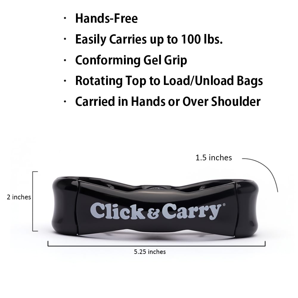 Click & Carry Grocery Bag Carrier, 2 Pack, Black - As seen on Shark Tank, Soft Cushion Grip, Hands Free Grocery Bag Carrier, Plastic Bag Holder, Haul Sports Gear, Click and Carry with Ease