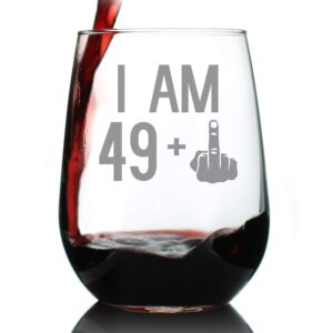 49 + 1 middle finger - 50th birthday stemless wine glass for women & men - cute funny wine gift idea - unique personalized bday glasses for best friend turning 50 - drinking party decoration