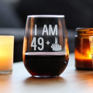 49 + 1 Middle Finger - 50th Birthday Stemless Wine Glass for Women & Men - Cute Funny Wine Gift Idea - Unique Personalized Bday Glasses for Best Friend Turning 50 - Drinking Party Decoration