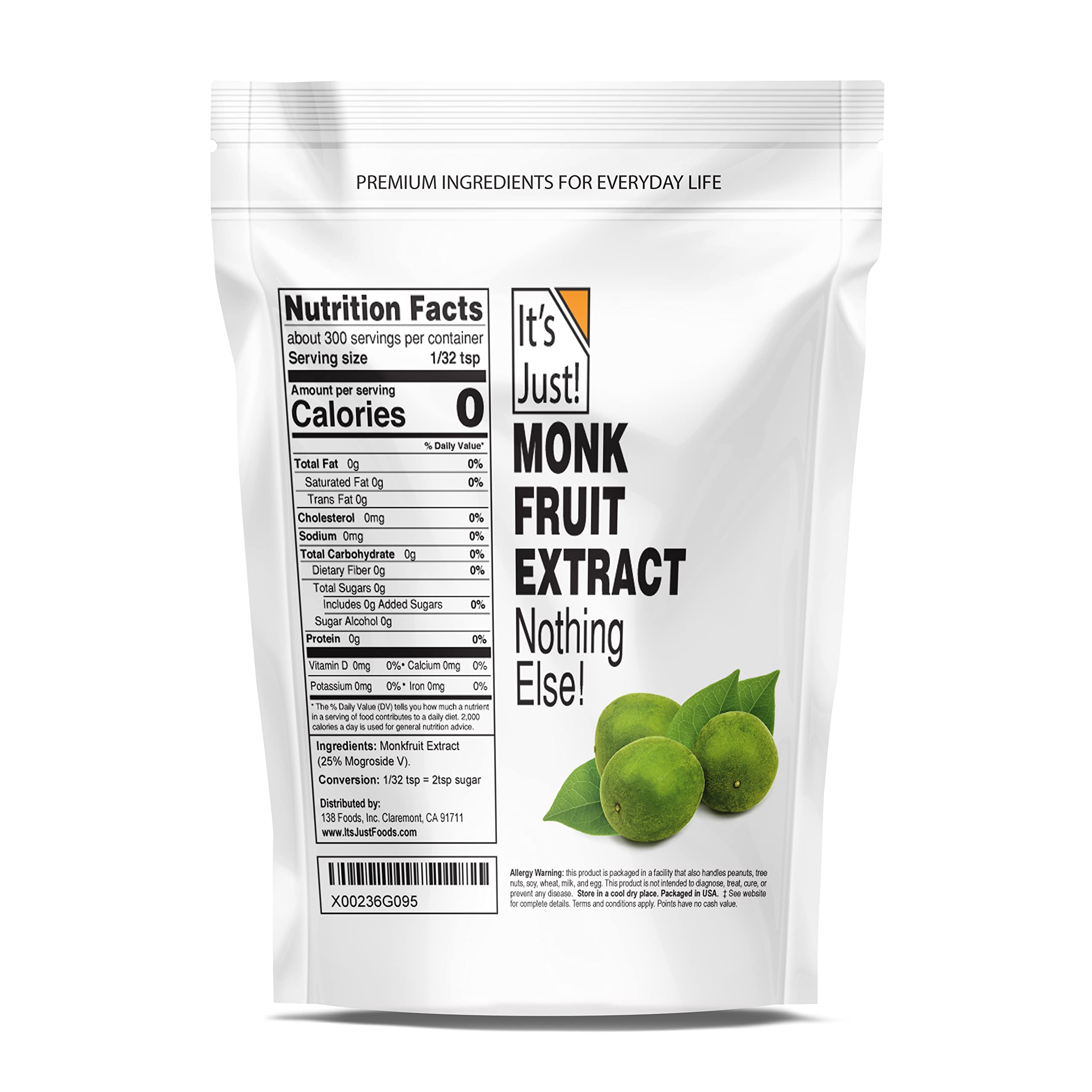 It's Just! - 100% Monkfruit Extract Powder, Keto Friendly Sweetener, Monk Fruit, Sugar-Free, Non-GMO, Non-Glycemic (25% Mogroside V, 1.5oz / 42g)