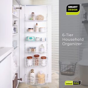 Smart Design Over The Door Pantry Organizer Rack with 6 Adjustable Shelves - Steel Metal Wire Baskets and Frame - Hanging - Wall Mountable - Cans, Spice, Storage, Closet, Bathroom, Kitchen - White