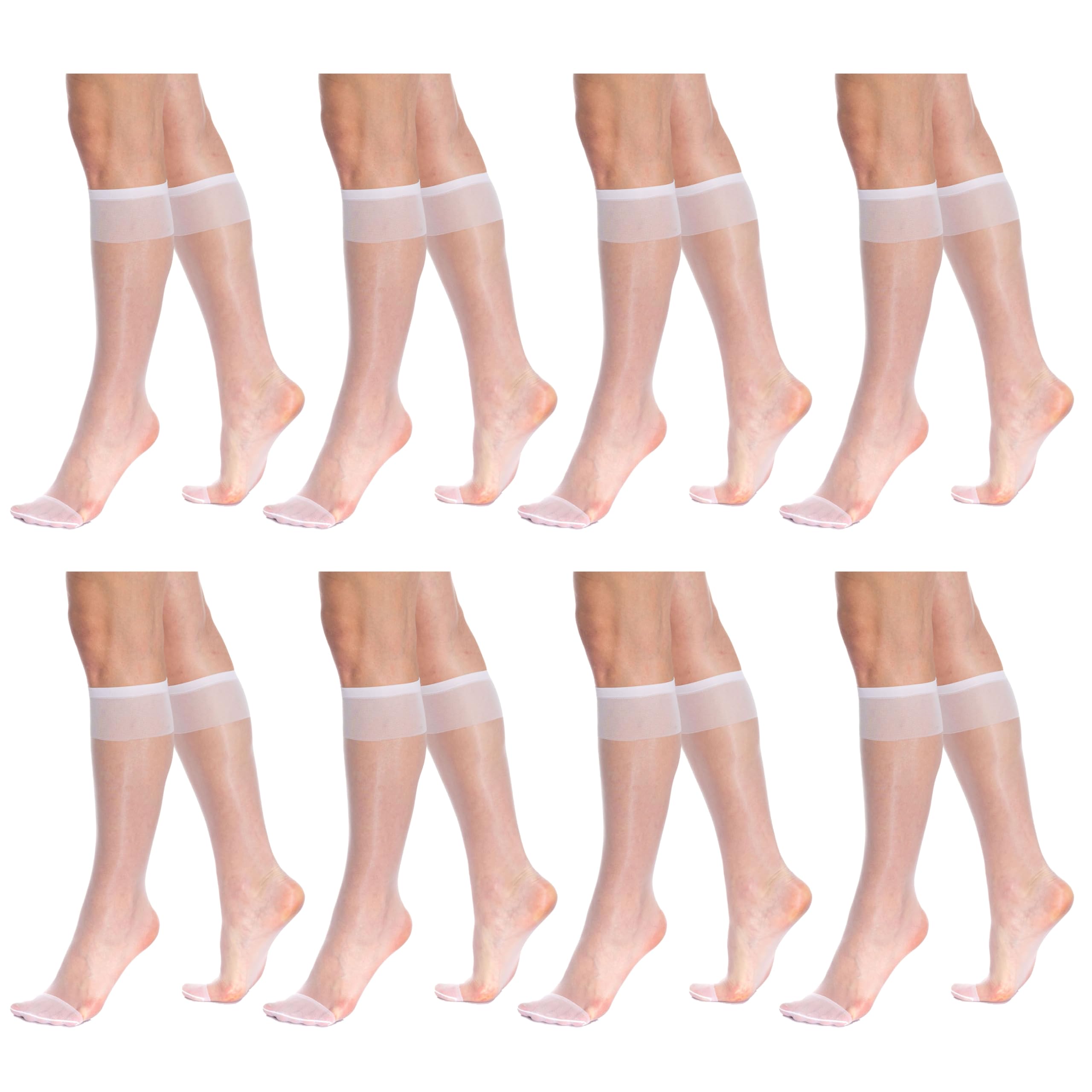 AWS/American Made 8 Pairs Sheer Knee High Socks for Women 15 Denier Stay up Band (White)