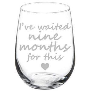 mip brand wine glass goblet funny new mom mother push present baby shower i've waited nine months for this (17 oz stemless)