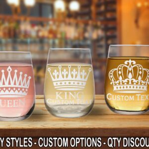 Royalty Crown King Queen 21oz Stemless Wine Glass (one) w/Free Customization