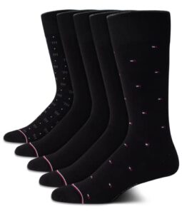 tommy hilfiger men's 5 pack allover flag pattern dress crew socks, classic black, shoe size 7-12