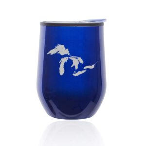 stemless wine tumbler coffee travel mug glass with lid great lakes michigan (blue)
