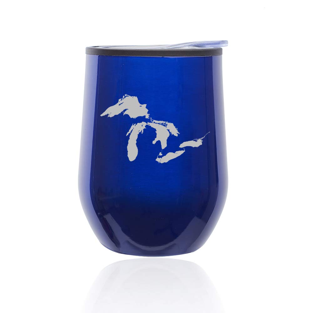 Stemless Wine Tumbler Coffee Travel Mug Glass with Lid Great Lakes Michigan (Blue)