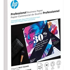 HP Professional Business Paper, Glossy, 8.5x11 in, 48 lb, 50 sheets, works with inkjet, PageWide, laser printers (6MF93A)