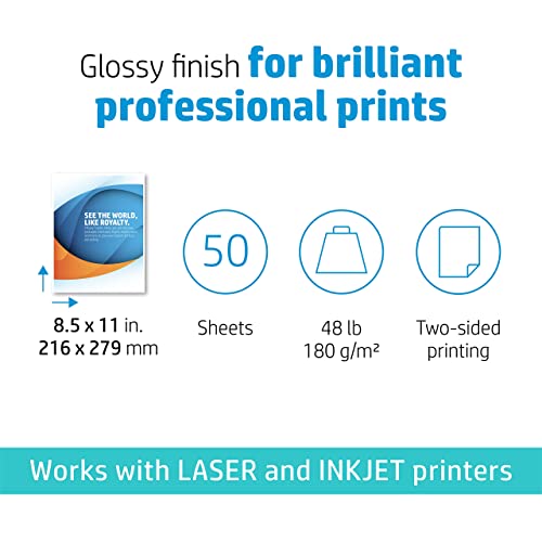 HP Professional Business Paper, Glossy, 8.5x11 in, 48 lb, 50 sheets, works with inkjet, PageWide, laser printers (6MF93A)