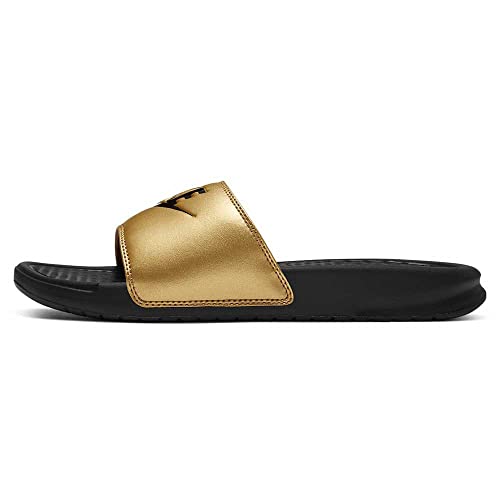 Nike Women's Benassi Just Do It Slide Sandal, Black/Black-Metallic Gold, 7 Regular US