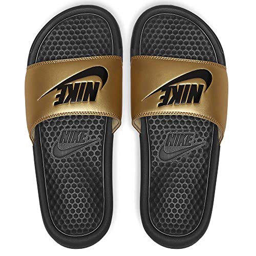 Nike Women's Benassi Just Do It Slide Sandal, Black/Black-Metallic Gold, 7 Regular US