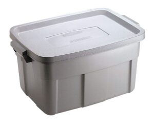 rubbermaid roughneck tote 14 gallon stackable storage container with stay tight lid & easy carry handles, black/cool gray (6 pack)