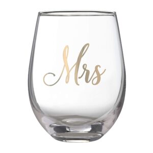 lillian rose gold mrs. stemless wine glass, 1 count (pack of 1), clear