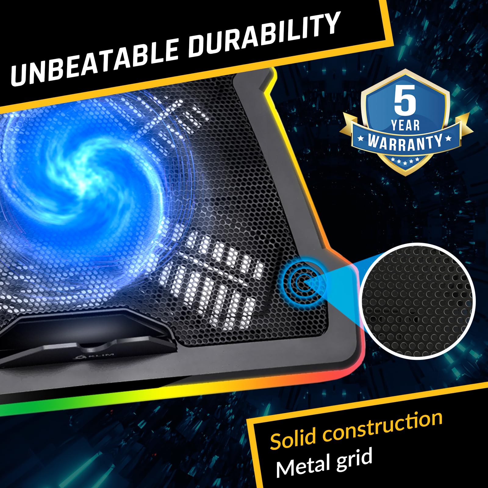 KLIM Ultimate - RGB Laptop Cooling Pad with LED Rim - New 2024 - Gaming Laptop Cooler - USB Powered Fan - Very Stable and Silent Laptop Stand - Compatible up to 17" - PC Mac PS5 PS4 Xbox One