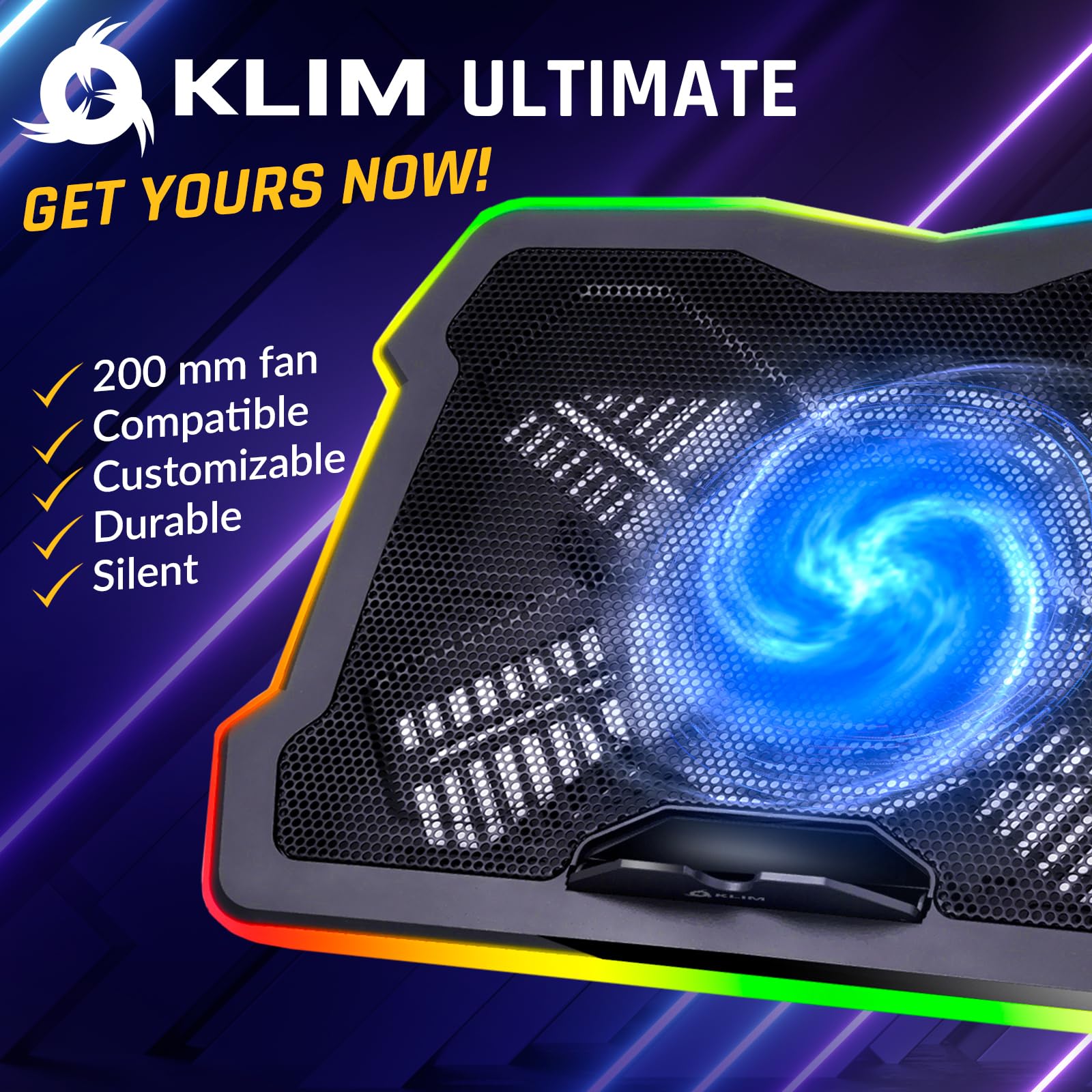 KLIM Ultimate - RGB Laptop Cooling Pad with LED Rim - New 2024 - Gaming Laptop Cooler - USB Powered Fan - Very Stable and Silent Laptop Stand - Compatible up to 17" - PC Mac PS5 PS4 Xbox One