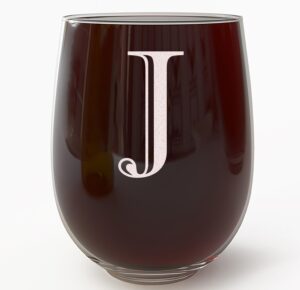 monogram etched 17oz stemless wine glass (letter j) a-z personalized gifts for women, custom wine glasses, monogrammed birthday gift for her initial