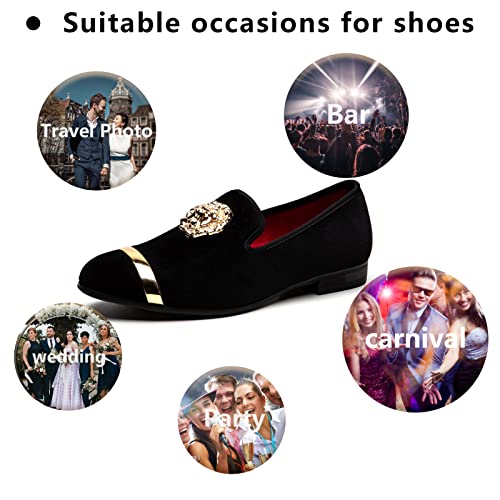 Meijiana Mens Black Loafers Velvet Dress Shoes with Gold Plate Smoking Slippers Slip on Penny Party Luxury Loafer Shoes for Men, Black-09, 9 US