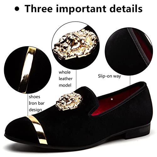 Meijiana Mens Black Loafers Velvet Dress Shoes with Gold Plate Smoking Slippers Slip on Penny Party Luxury Loafer Shoes for Men, Black-09, 9 US