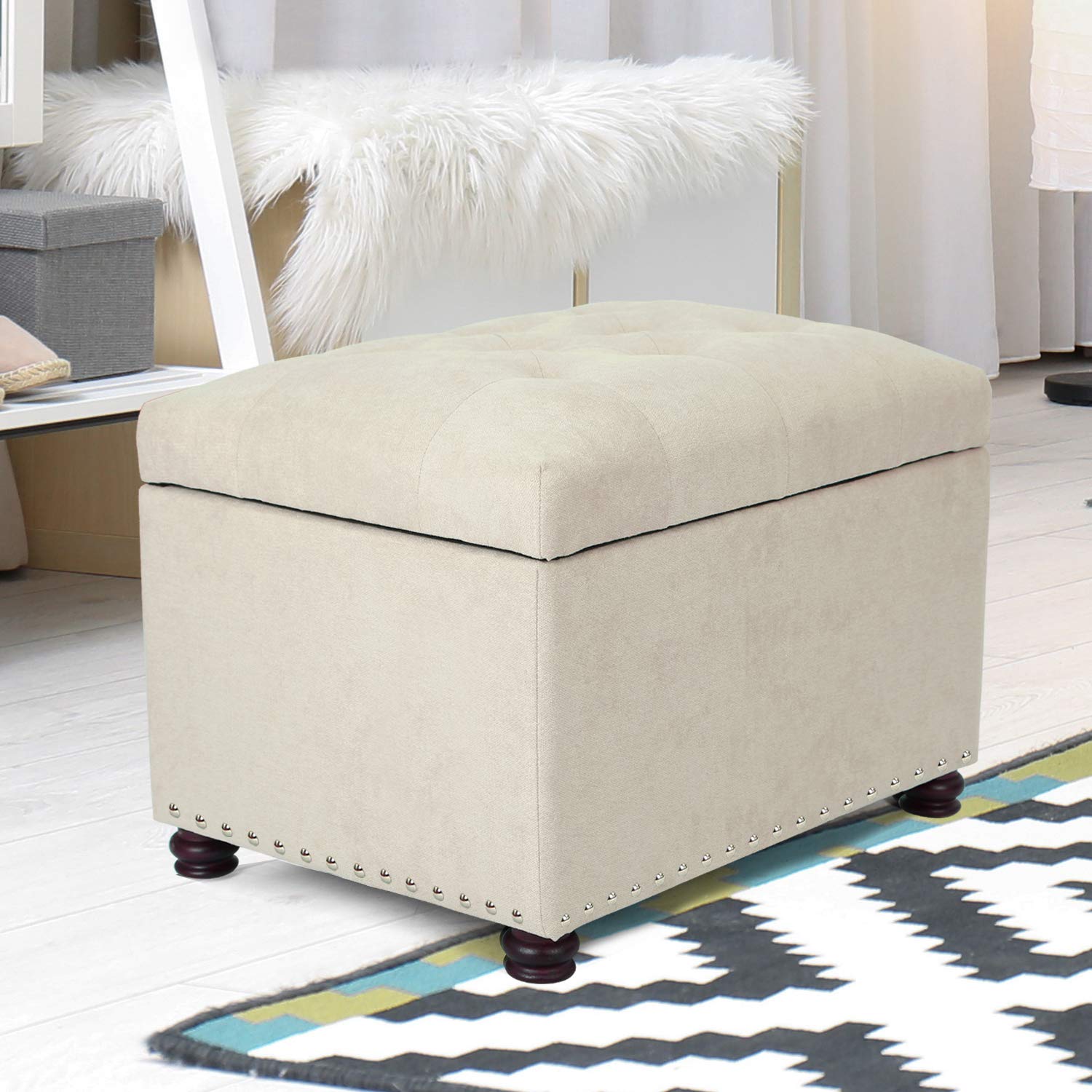 Joveco Storage Ottoman Rectangular Fabric Organization Tufted Bench Footrest for Living Room Bedroom (Beige)