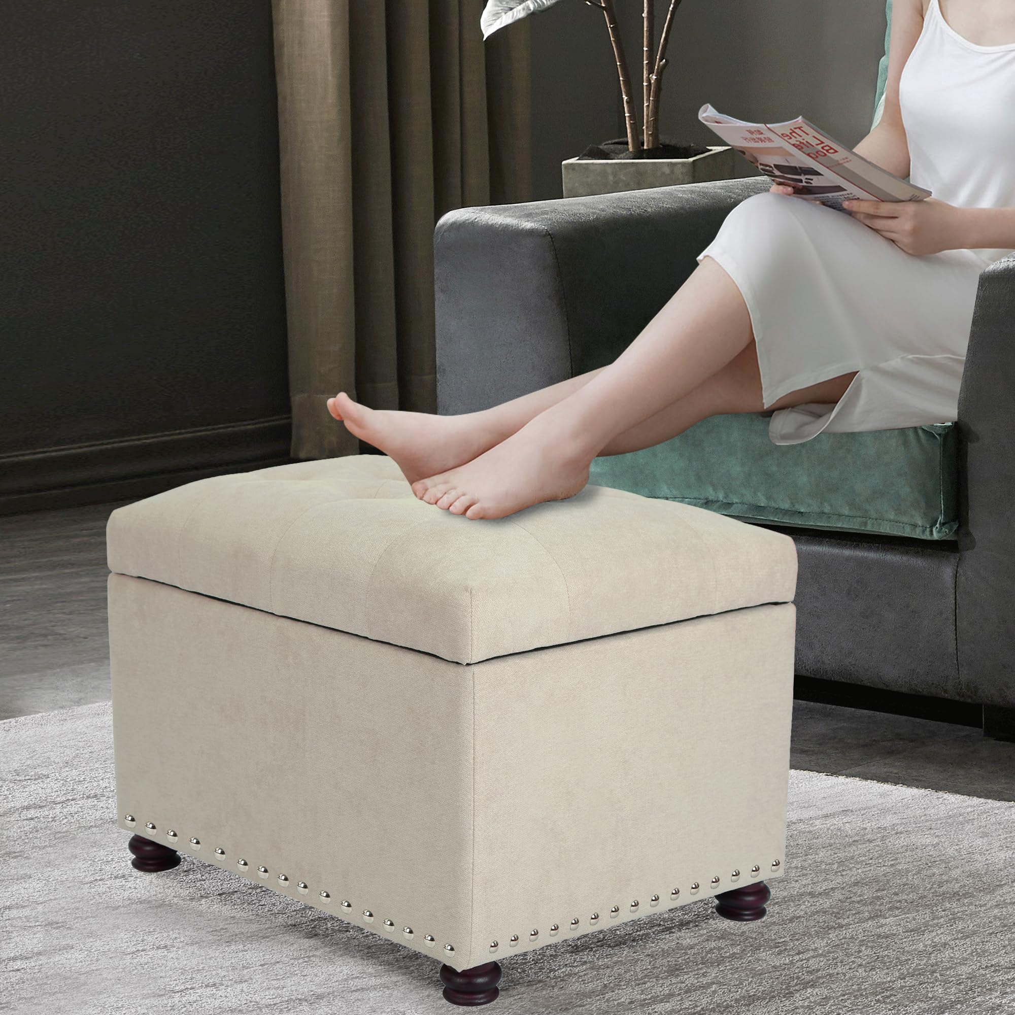 Joveco Storage Ottoman Rectangular Fabric Organization Tufted Bench Footrest for Living Room Bedroom (Beige)