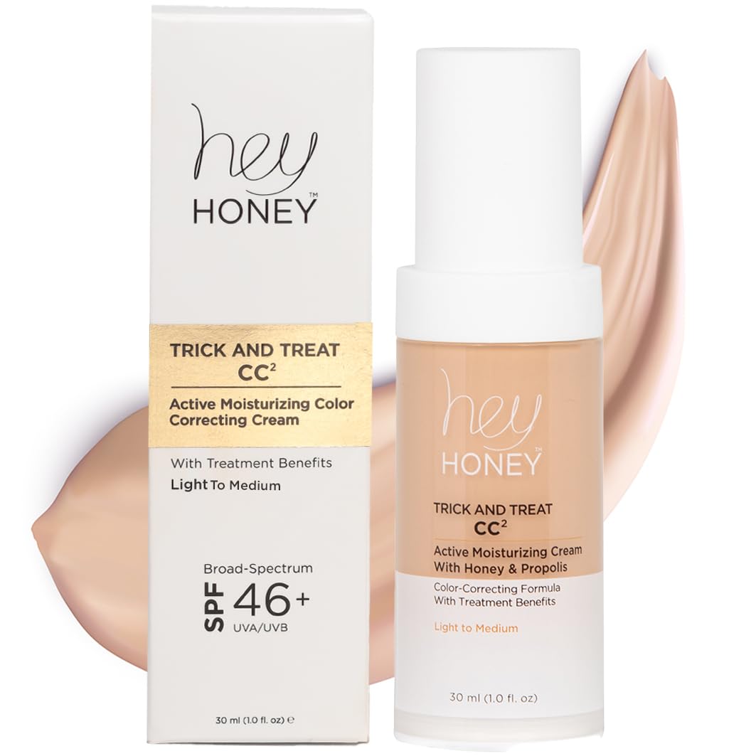 Hey Honey Trick and Treat CC Cream SPF 46 | Active Moisturizing Color Correcting Cream with Honey & Propolis | Best Cover For Rosacea, Skin Redness & Mature Skin | Cruelty-Free | 1 oz (Light-Medium)