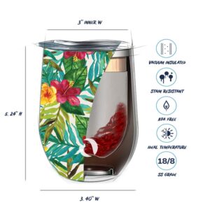 Drinco - Stainless Steel Wine Tumbler | Double Walled Triple Vacuum Insulated Stemless Wine Glass with Splash Proof Lid For Hot & Cold Drinks | California | 12oz | (Single, Tropical Hues)