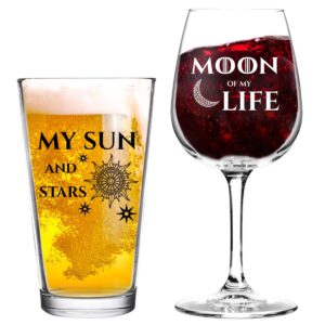 moon of my life my sun and stars wine and beer glass set for got fan couples- 12.75 oz wine glass & 16 oz beer pint glass- present for mom and dad- inspired by got- husband wife gift