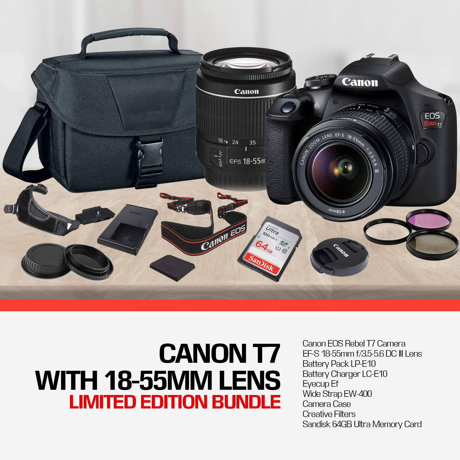 Canon Rebel T7 DSLR Camera with 18-55mm Lens Kit and Sandisk 64GB Ultra Speed Memory Card, Creative Lens Filters, Carrying Case | Limited Edition Bundle