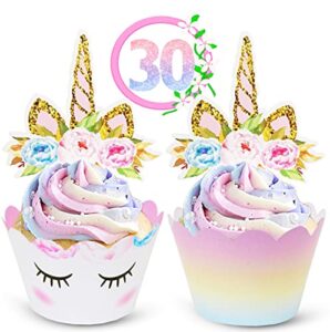 unicorn cupcake toppers and wrappers decorations (30 of each) - reversible rainbow cup cake liners with unicorn topper | cute decorating supplies for girl birthday party