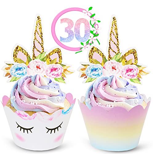 Unicorn Cupcake Toppers and Wrappers Decorations (30 of Each) - Reversible Rainbow Cup Cake Liners with Unicorn Topper | Cute Decorating Supplies for Girl Birthday Party