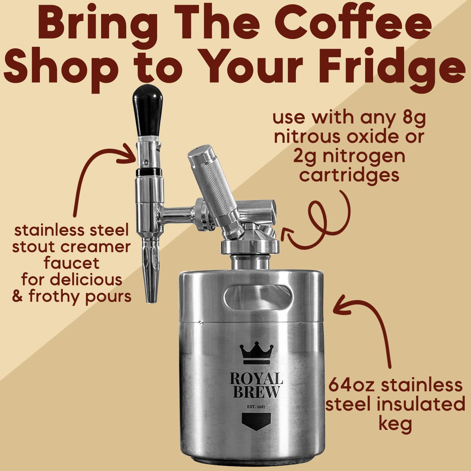 The Original Royal Brew Nitro Cold Brew Coffee Maker - Gift for Coffee Lovers - 64 oz Home Keg, Nitrogen Gas System Coffee Dispenser Kit