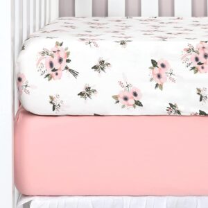 tillyou fitted crib sheets - 100% cotton fitted sheets for standard crib mattress, toddler bed mattress fitted sheets 2 pack, machine washable, 28”x52”, pink&floral flowers