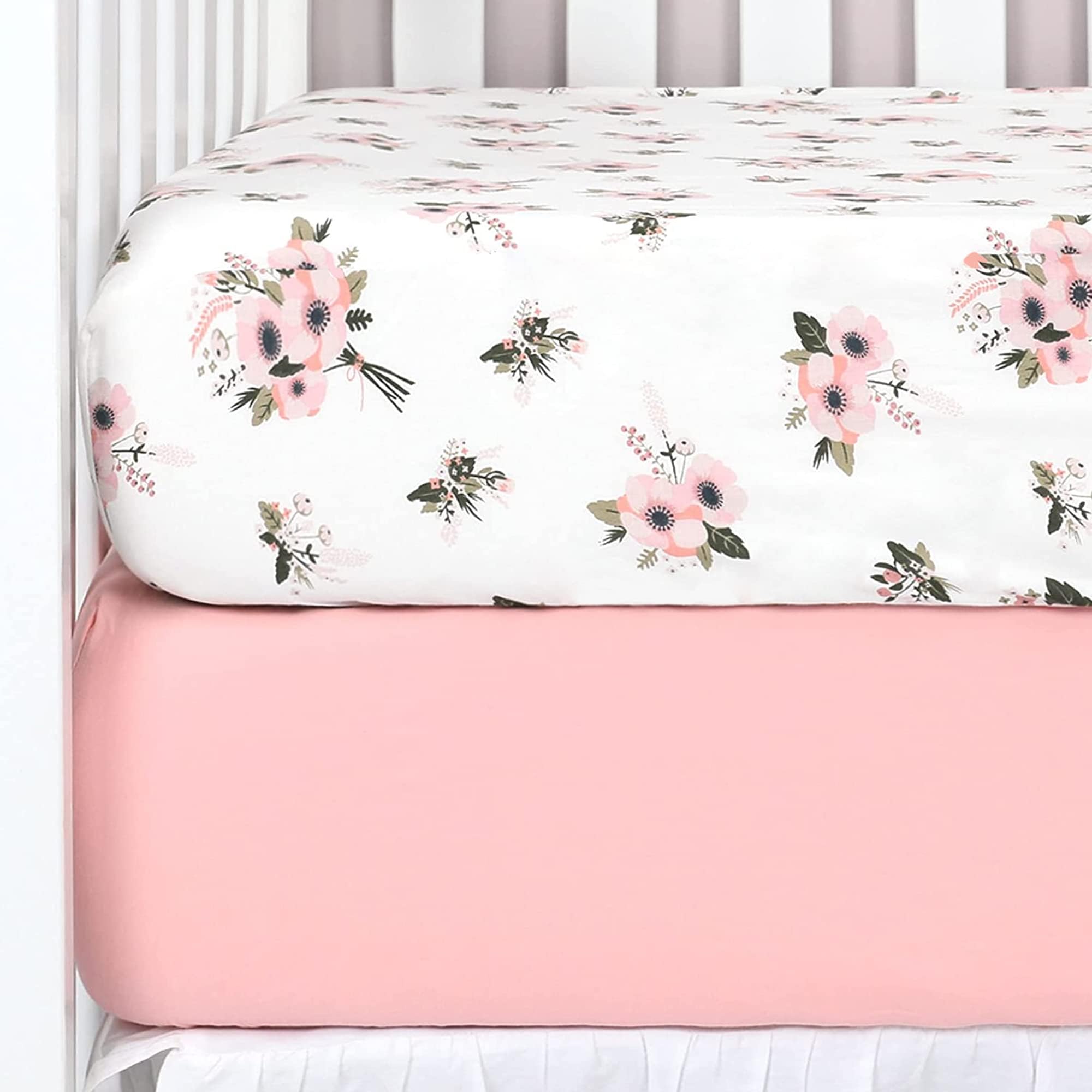 TILLYOU Fitted Crib Sheets - 100% Cotton Fitted Sheets for Standard Crib Mattress, Toddler Bed Mattress Fitted Sheets 2 Pack, Machine Washable, 28”x52”, Pink&Floral Flowers