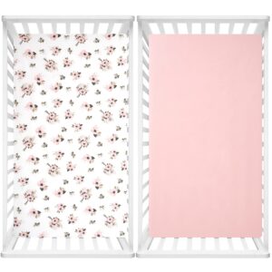 TILLYOU Fitted Crib Sheets - 100% Cotton Fitted Sheets for Standard Crib Mattress, Toddler Bed Mattress Fitted Sheets 2 Pack, Machine Washable, 28”x52”, Pink&Floral Flowers