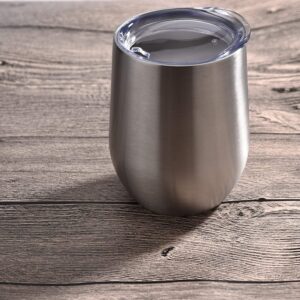 Stainless Steel Stemless Wine Glass Tumbler with Lid, 12 oz | Double Wall Vacuum Insulated Travel Tumbler Cup for Coffee, Wine, Cocktails, Ice Cream - Silver