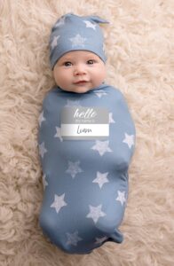 itzy ritzy cocoon and hat swaddle set, cutie cocoon includes name announcement card and matching jersey knit cocoon and hat set, perfect for newborn photos, for ages 0 to 3 months, blue stars