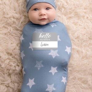 Itzy Ritzy Cocoon and Hat Swaddle Set, Cutie Cocoon Includes Name Announcement Card and Matching Jersey Knit Cocoon and Hat Set, Perfect for Newborn Photos, for Ages 0 to 3 Months, Blue Stars