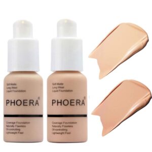bestland 2pack phoera foundation full coverage liquid foundation cream - long-lasting lightweight concealer - oil-free formula - natural shade - suitable for all skin types (102 nude & 103 warm peach)