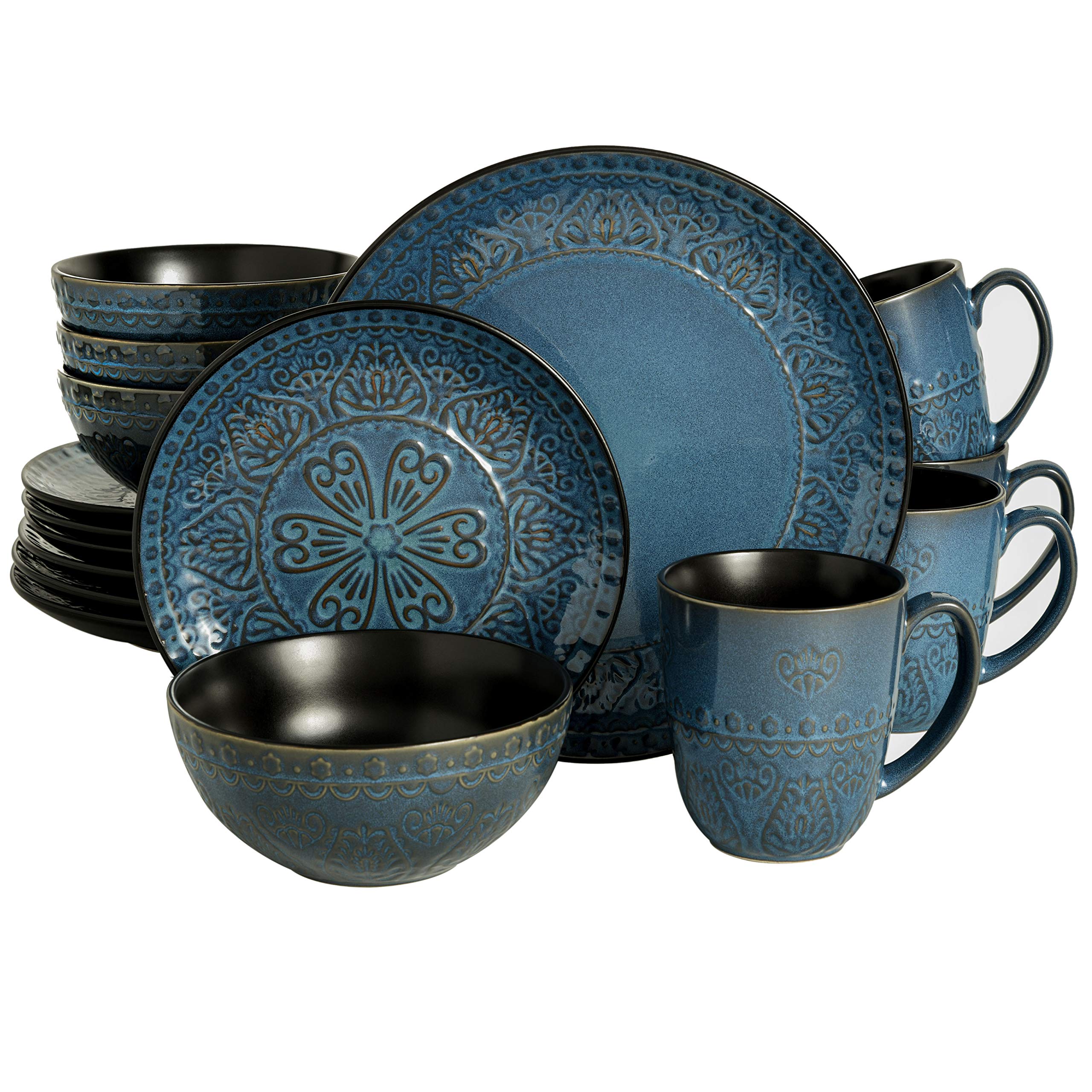 Gibson Elite Milanto Round Embossed Reactive Glaze Stoneware Dinnerware Set, Service for Four (16pcs), Blue