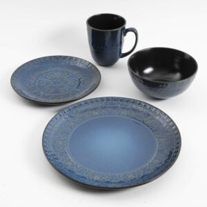 Gibson Elite Milanto Round Embossed Reactive Glaze Stoneware Dinnerware Set, Service for Four (16pcs), Blue