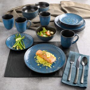 Gibson Elite Milanto Round Embossed Reactive Glaze Stoneware Dinnerware Set, Service for Four (16pcs), Blue