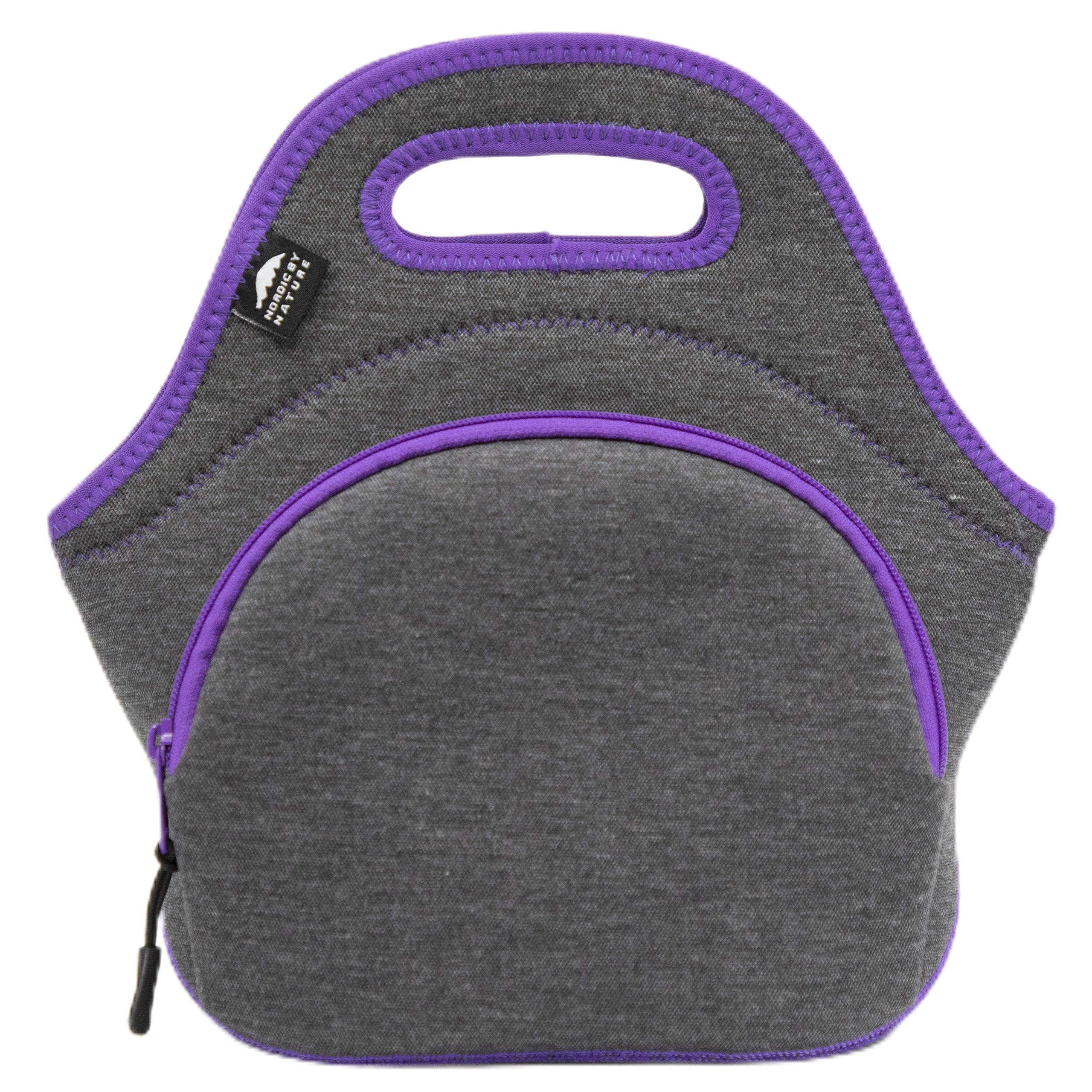 Nordic By Nature Large Neoprene Lunch Bag for Women & Lunch tote for Kids Insulated Lunch bag Reusable Washable Extra Thick Neoprene & Soft Cotton Feel, Premium Stitching, Outside Pocket, (L) Purple